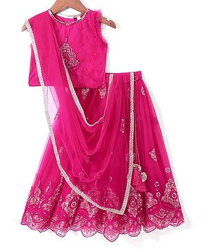 Babyhug Sleeveless Zari with Sequenced Choli with  Embroidered Lehenga  and Dupatta Set - Fuschia
