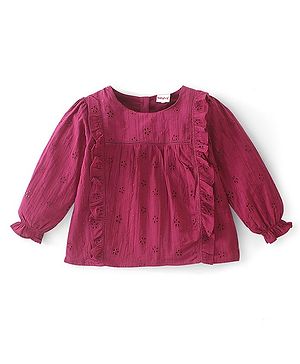 Babyhug 100% Cotton Full Sleeves Shiffli Top with Frill Detailing - Maroon