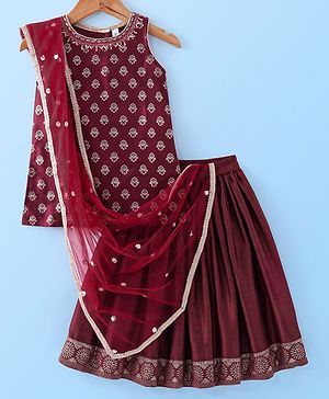Babyhug  Sleeveless Foil Printed Long Kurta with Lehenga and Dupatta - Maroon