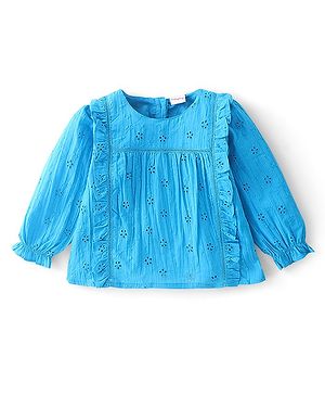 Babyhug 100% Cotton Full Sleeves Shiffli Top with Frill Detailing - Blue