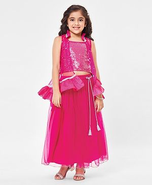 Babyhug Sleeveless Sequenced Choli with Net Lehenga and Embroidered Jacket Set - Hot Pink