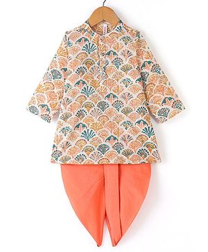 Babyhug 100% Cotton Full Sleeves Kurta With Dhoti Set With Floral Print - White & Peach