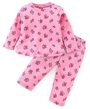 Babyhug Interlock Cotton Knit Full Sleeves Floral Print Night Suit- Pink