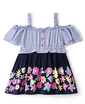 Babyhug Cotton Knit Cold Shoulder Sleeves Frock with Floral Print - Navy Blue