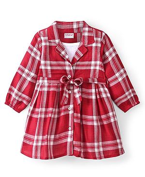 Babyhug Yarn Dyed Full Sleeves Frock with Mock Jacket Checkered - Red