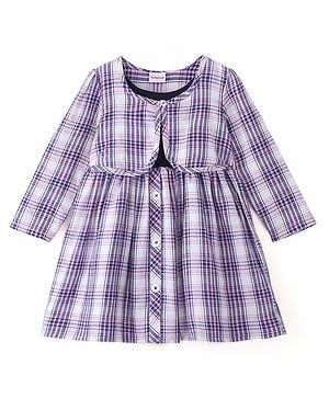 Babyhug 100% Cotton Single Jersey Knit Full Sleeves Yarn Dyed Checkered Frock With Attached Shrug - Purple Blue & White