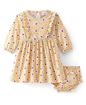 Babyhug Cotton Knit Full Sleeves Floral Printed Frock with Frill Detailing & Bloomer - Cream & White
