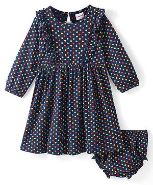 Babyhug 100% Cotton Knit Full Sleeves Frock & Bloomer With Polka Dots Print - Navy Blue