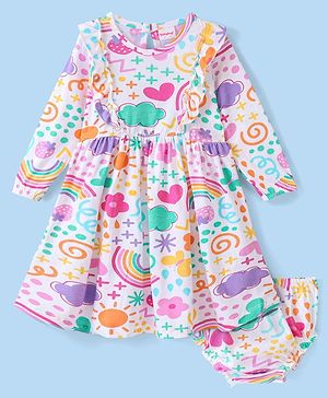Babyhug 100% Cotton Knit Full Sleeves Frock & Bloomer With Rainbow Print - White & Pink