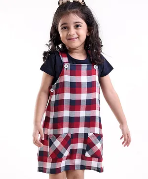 Babyhug 100% Cotton Woven Yarn Dyed Half Sleeves Inner Tee with Dress Checkered - Red