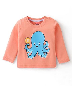 Babyhug 100% Cotton Knit Full Sleeves T-Shirt with Octopus Graphics - Light Orange