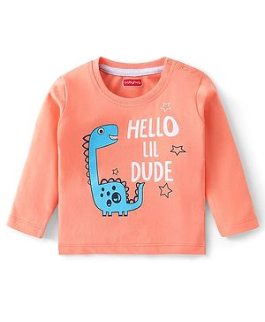 Babyhug 100% Cotton Knit Full Sleeves T-Shirt with Graphics Dino Print - Light Orange