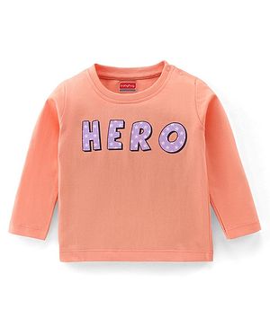 Babyhug 100% Cotton Knit Full Sleeves T-Shirt with Text Graphics - Light Orange