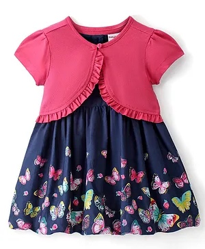 Babyhug Half Sleeves Shrug with Frock Butterfly Printed - Blue & Pink