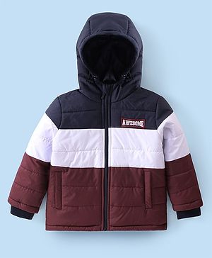 Babyhug Full Sleeves Padded & Hooded Jacket Color Block With Text Embroidery- Blue Maroon & White