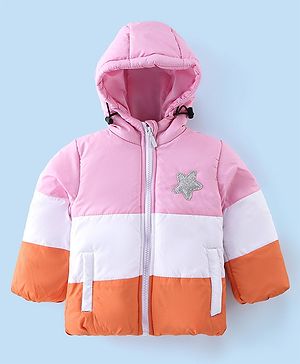 Babyhug Woven Full Sleeves Hooded Jacket Solid Colour - Pink White & Orange