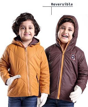 Babyhug Full Sleeves Reversible Solid Colour Hooded Jacket - Mustard & Wine