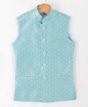 Namaskar Jaquard Sleeveless Damask Motif Self Design  Nehru Jacket - Blue