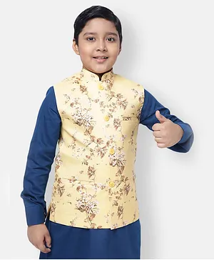 Namaskar Cotton Linen Sleeveless Flower Printed  Nehru Jacket - Yellow