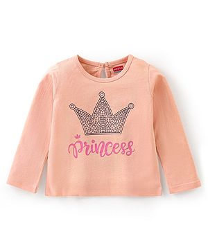 Babyhug 100% Cotton Full Sleeves Tee with Text Graphics Print - Peach