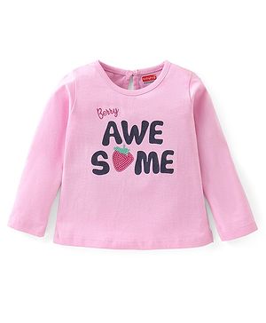 Babyhug 100% Cotton Knit Full Sleeves Text & Strawberry Graphic T-Shirt - Pink