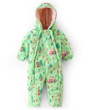 Babyhug Full Sleeves Winter Wear Hooded Romper Woods Print - Lime Green