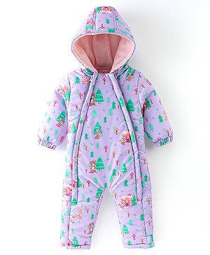 Babyhug Full Sleeves Winter Wear Hooded Romper Animal Print - Purple