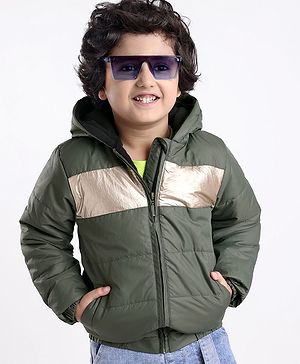 Babyhug Woven Full Sleeves Hooded Jacket with Front Zipper - Olive Green