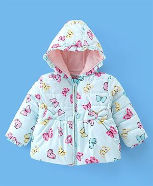 Babyhug Full Sleeves Butterfly Printed Padded Hooded Jacket - Blue
