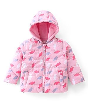 Babyhug Full Sleeves Candy Printed Padded Hooded Jacket - Pink