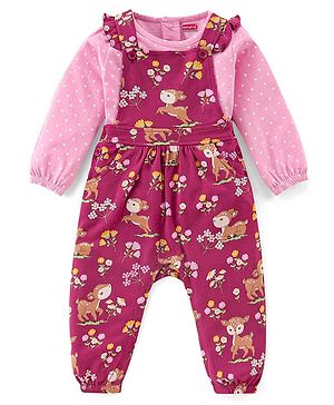 Babyhug Cotton Knit Dungaree with Full Sleeves Inner Tee Set Fawn & Floral Print - Maroon & Pink
