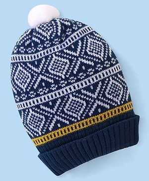 Babyhug Pom Pom Woollen Cap Intarsia Design - Blue