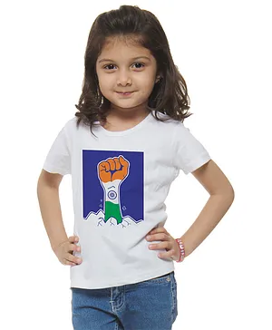 M'andy Independence Day Theme Half Sleeves Flag Design Hand  Printed Tee - White