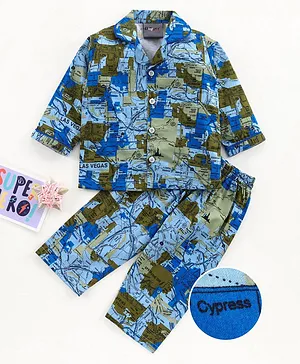 Dapper Dudes Full Sleeves Geographic Map Styled Printed Night Suit - Green