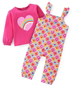 Babyhug Cotton Knit Heart Printed Dungaree with Full Sleeves Inner Tee - Multicolour