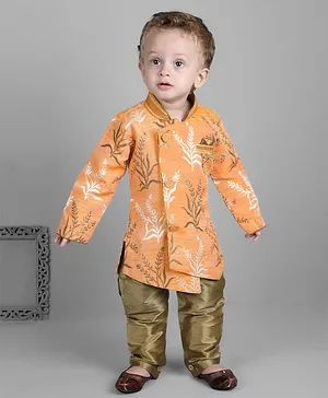 KIDS FARM Silk Full Sleeves All Over Leaf Designed Semi Indo Western Kurta With Pyjama - Orange