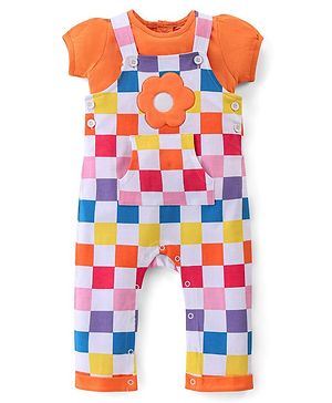 Babyhug Cotton Knit Dungaree & Half Sleeves T-Shirt Set Floral & Checks  - Orange