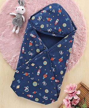 Babyhug Interlock Cotton Hooded Wrapper Space Print L 76.2 X B 76.2 cm - Navy
