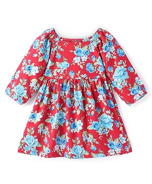 Babyhug Cotton Knit Half Sleeves Frock Floral Print - Red
