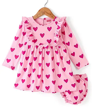 Babyhug 100% Cotton Knit Full Sleeves Frock With Bloomer Heart Print - Pink