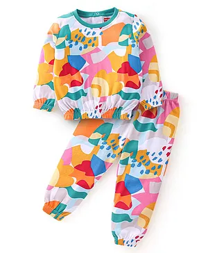 Babyhug 100% Cotton Knit Full Sleeves Abstract Printed Top & Lounge Pant Set - Multicolour