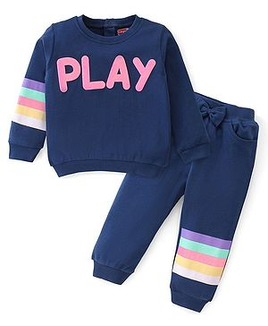 Babyhug 100% Cotton Knit Full Sleeves Top & Lounge Pant With Text Print - Blue