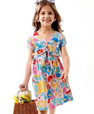 Babyhug 100% Cotton Half Sleeves Frock With Floral Print - Pink