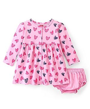 Babyhug Single Jersey Knit Short Sleeves Heart Printed Frock with Bloomer - Pink