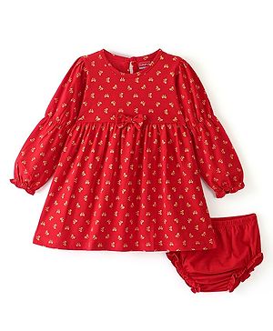 Babyhug 100% Cotton Knit Full Sleeves Frocks with Bloomer Bow Print - Red