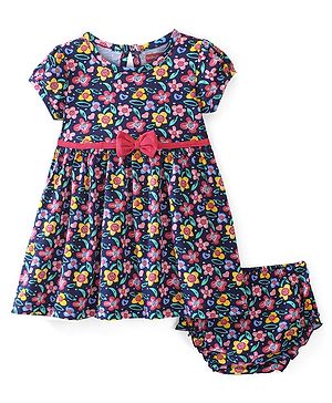 Babyhug 100% Cotton Knit Half Sleeves Frock with Bloomer Floral Print - Navy Blue