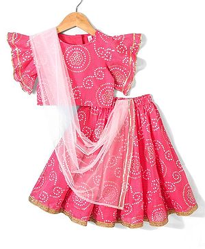 Babyhug Half Sleeves Choli with Bandhani Printed Lehenga  and Dupatta Set - Fuchsia