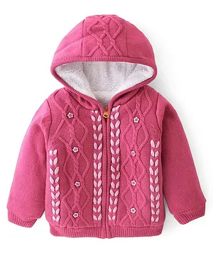 Yellow Apple Acrylic Cable Knit Design Hooded Sweater - Pink