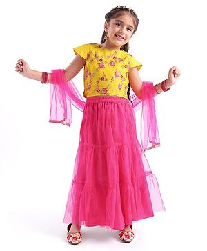 Babyhug Woven Half Sleeves Embroidered Choli and Net Lehenga with Dupatta - Pink