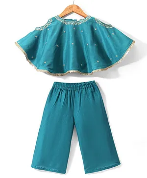 Babyhug Half Sleeves Embroidered Poncho Top with Pant Set - Teal Blue